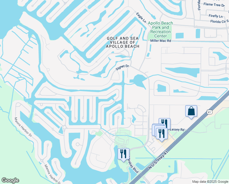 map of restaurants, bars, coffee shops, grocery stores, and more near 524 Islebay Drive in Apollo Beach