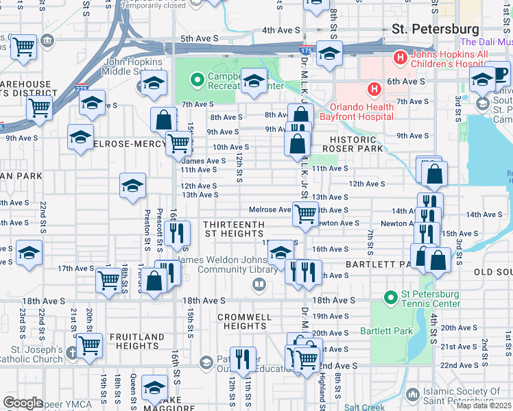 map of restaurants, bars, coffee shops, grocery stores, and more near 1051 Melrose Avenue South in St. Petersburg