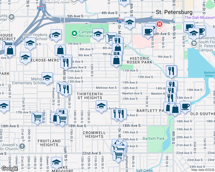 map of restaurants, bars, coffee shops, grocery stores, and more near 985 Melrose Avenue South in St. Petersburg