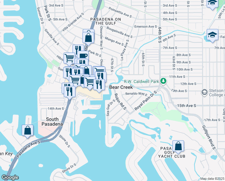 map of restaurants, bars, coffee shops, grocery stores, and more near 1203 Robin Road South in St. Petersburg