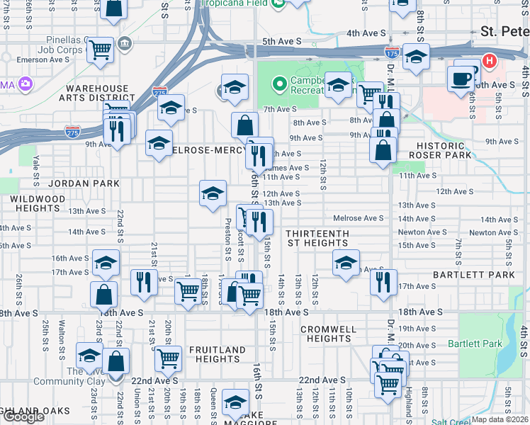 map of restaurants, bars, coffee shops, grocery stores, and more near 1320 16th Street South in St. Petersburg