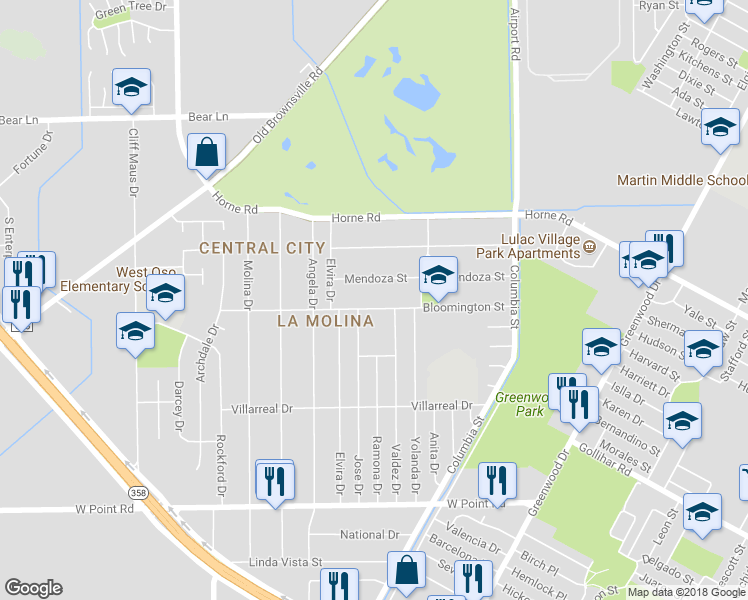 map of restaurants, bars, coffee shops, grocery stores, and more near 950 Bloomington Street in Corpus Christi