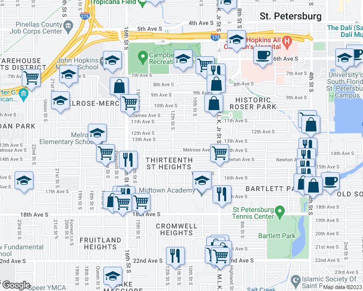map of restaurants, bars, coffee shops, grocery stores, and more near 1111 Melrose Avenue South in St. Petersburg