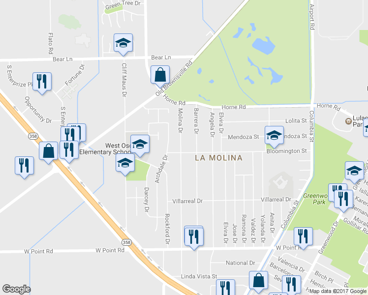 map of restaurants, bars, coffee shops, grocery stores, and more near 4238 Molina Drive in Corpus Christi