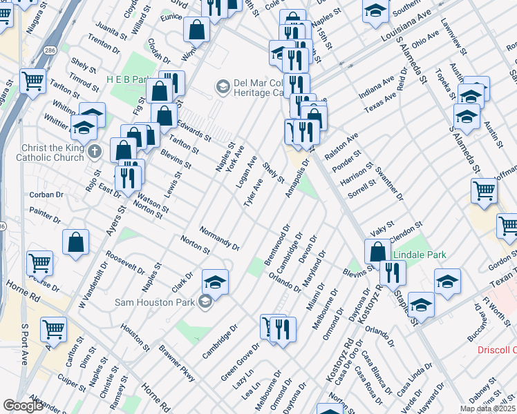 map of restaurants, bars, coffee shops, grocery stores, and more near 1241 Florida Avenue in Corpus Christi