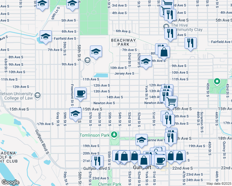 map of restaurants, bars, coffee shops, grocery stores, and more near 5410 13th Ave S in Gulfport