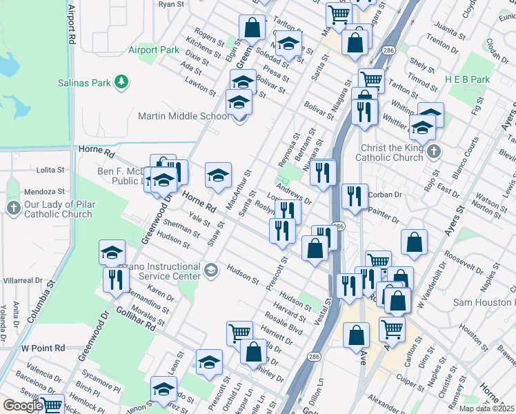 map of restaurants, bars, coffee shops, grocery stores, and more near 1813 Roslyn Street in Corpus Christi