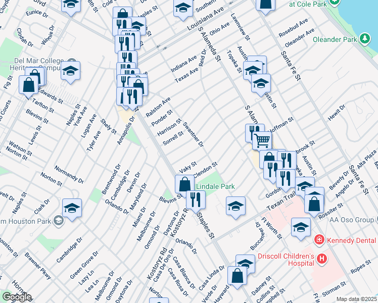 map of restaurants, bars, coffee shops, grocery stores, and more near 1022 Chamberlain Street in Corpus Christi