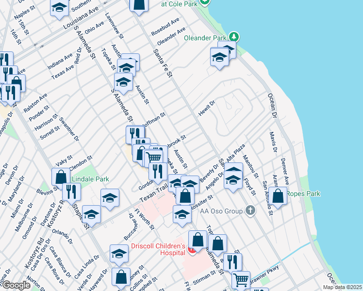 map of restaurants, bars, coffee shops, grocery stores, and more near 3209 Lawnview Street in Corpus Christi