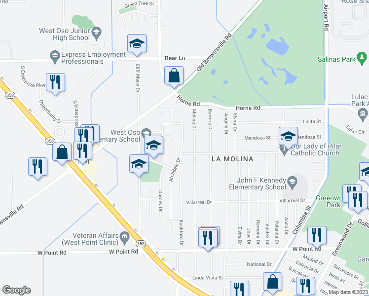 map of restaurants, bars, coffee shops, grocery stores, and more near 4258 Archdale Drive in Corpus Christi