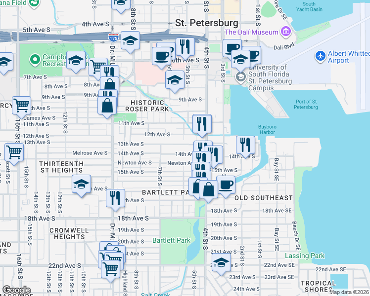 map of restaurants, bars, coffee shops, grocery stores, and more near 622 13th Avenue South in St. Petersburg