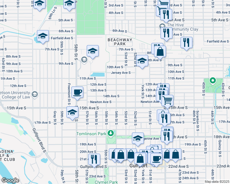 map of restaurants, bars, coffee shops, grocery stores, and more near 5410 13th Avenue South in Gulfport