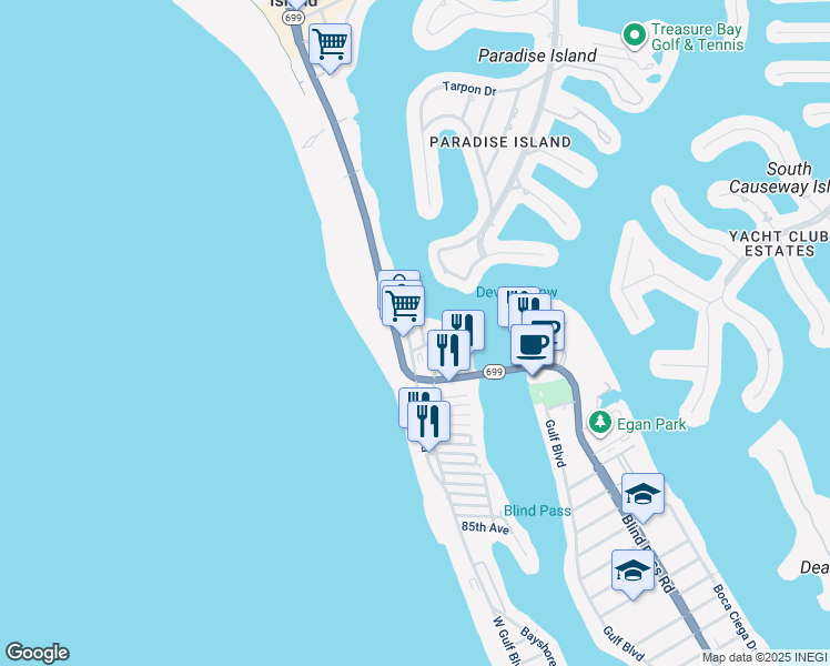 map of restaurants, bars, coffee shops, grocery stores, and more near 9895 1st Street East in Treasure Island