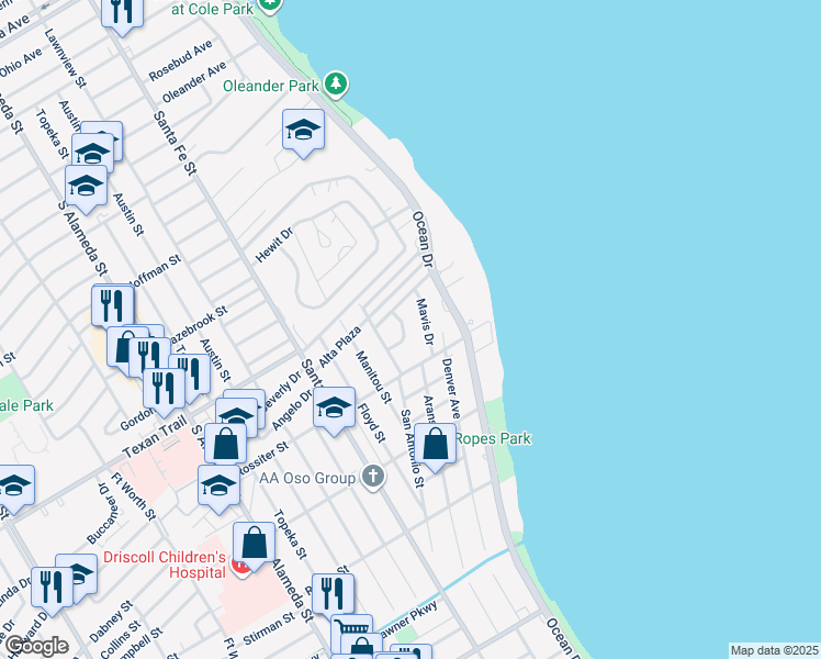 map of restaurants, bars, coffee shops, grocery stores, and more near 114 Rainbow Lane in Corpus Christi