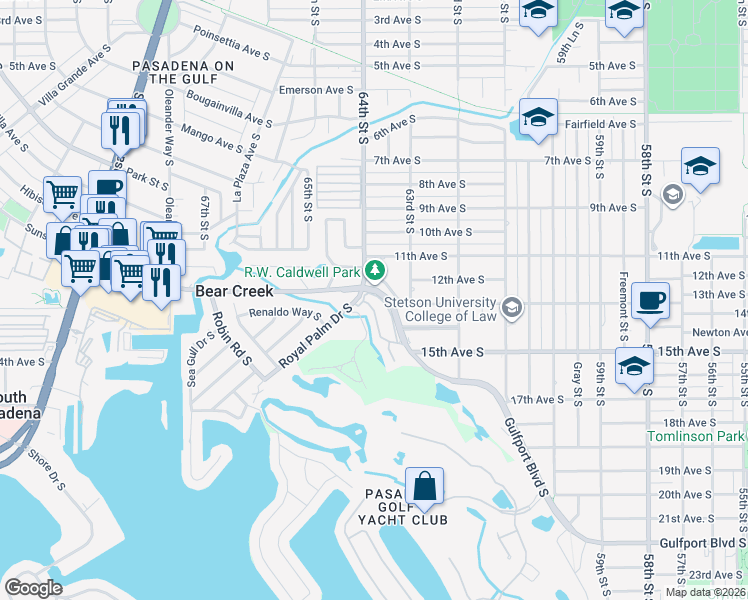 map of restaurants, bars, coffee shops, grocery stores, and more near 6339 Vista Verde Drive East in Gulfport