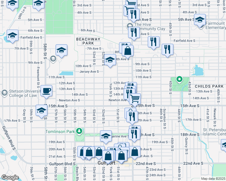 map of restaurants, bars, coffee shops, grocery stores, and more near 5118 13th Avenue South in Gulfport