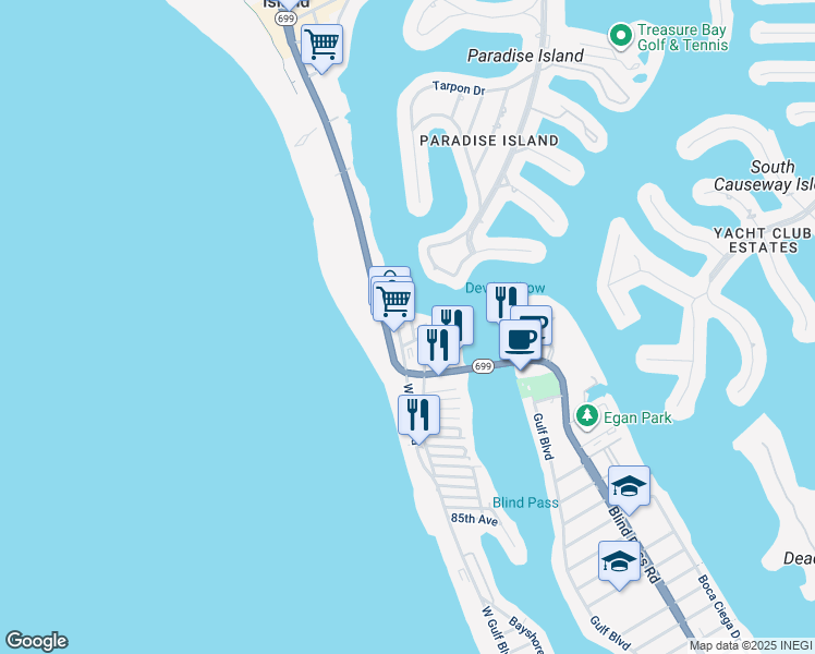 map of restaurants, bars, coffee shops, grocery stores, and more near 9895 1st Street East in Treasure Island