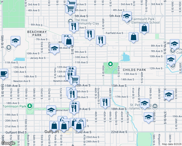 map of restaurants, bars, coffee shops, grocery stores, and more near 4643 13th Avenue South in St. Petersburg