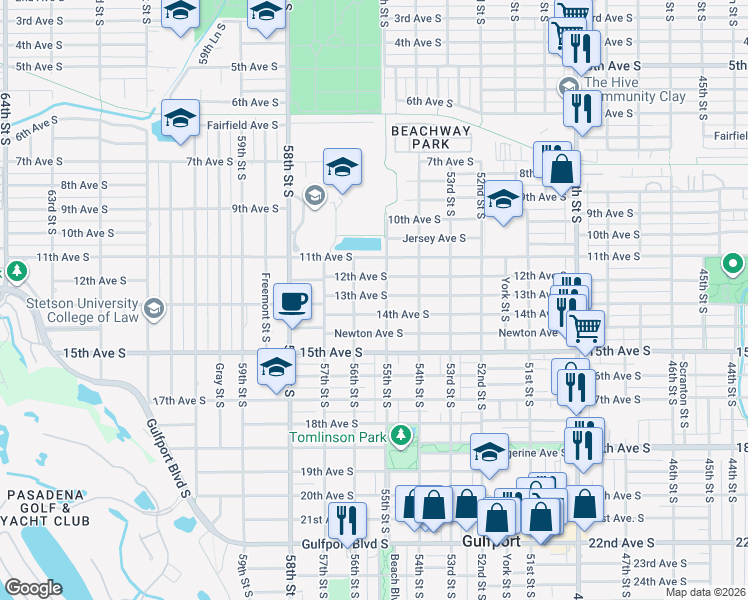 map of restaurants, bars, coffee shops, grocery stores, and more near 5510 13th Avenue South in Gulfport