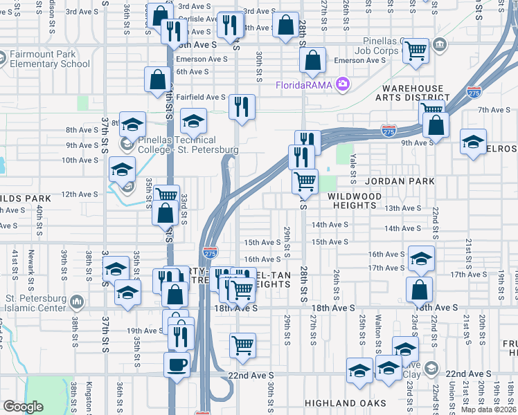 map of restaurants, bars, coffee shops, grocery stores, and more near 1247 30th Street South in St. Petersburg