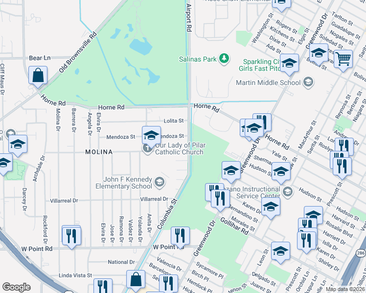 map of restaurants, bars, coffee shops, grocery stores, and more near 1234 Bloomington Street in Corpus Christi