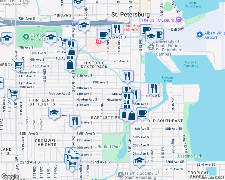 map of restaurants, bars, coffee shops, grocery stores, and more near 622 13th Avenue South in St. Petersburg