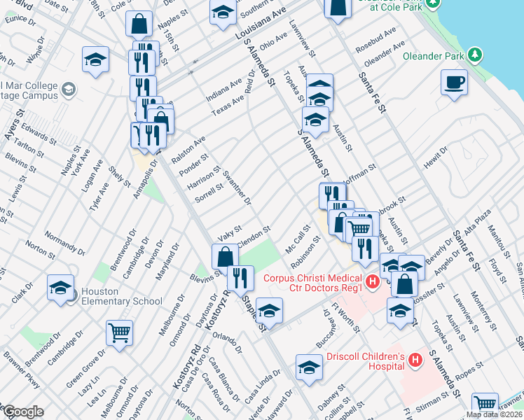 map of restaurants, bars, coffee shops, grocery stores, and more near 649 Vaky Street in Corpus Christi