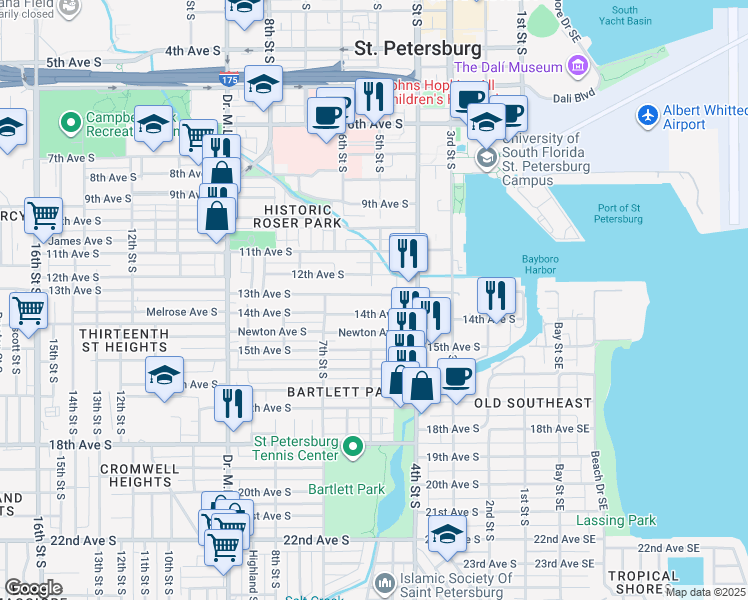 map of restaurants, bars, coffee shops, grocery stores, and more near 540 13th Avenue South in St. Petersburg