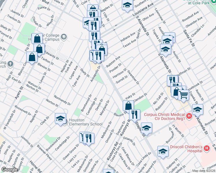 map of restaurants, bars, coffee shops, grocery stores, and more near 1202 Devon Drive in Corpus Christi
