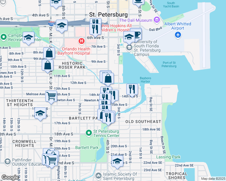 map of restaurants, bars, coffee shops, grocery stores, and more near 330 13th Avenue South in St. Petersburg