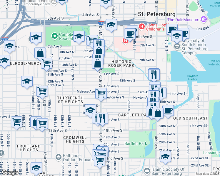 map of restaurants, bars, coffee shops, grocery stores, and more near 866 13th Avenue South in St. Petersburg
