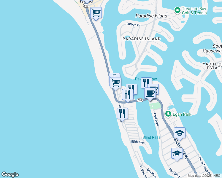 map of restaurants, bars, coffee shops, grocery stores, and more near 9908 Gulf Boulevard in Treasure Island