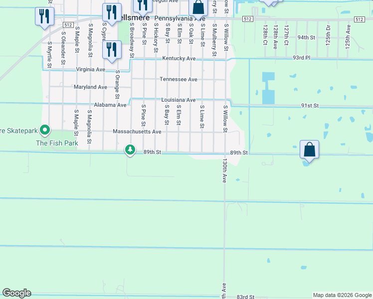 map of restaurants, bars, coffee shops, grocery stores, and more near 260 South Oak Street in Fellsmere