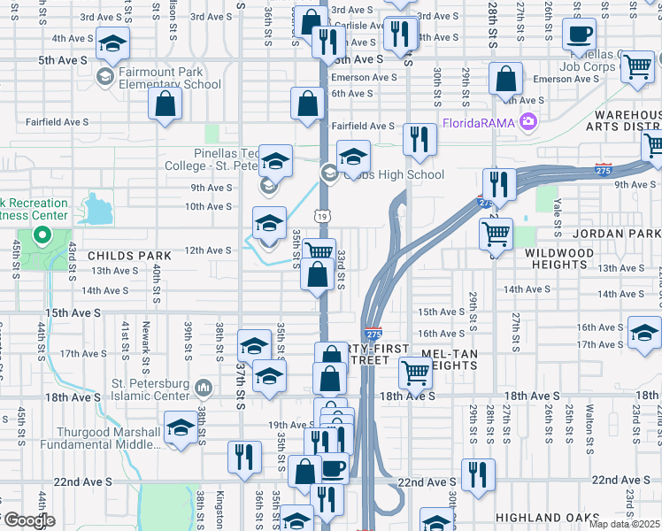 map of restaurants, bars, coffee shops, grocery stores, and more near 1254 33rd Street South in St. Petersburg