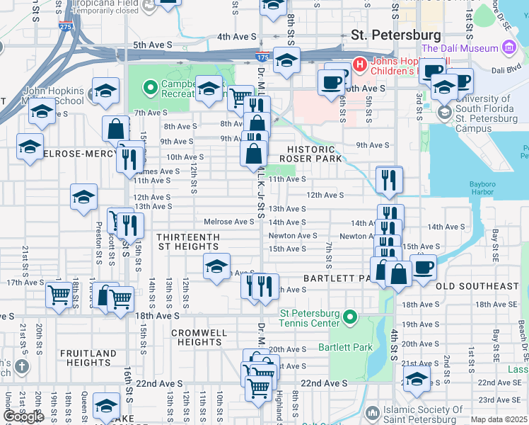 map of restaurants, bars, coffee shops, grocery stores, and more near 921 Melrose Avenue South in St. Petersburg