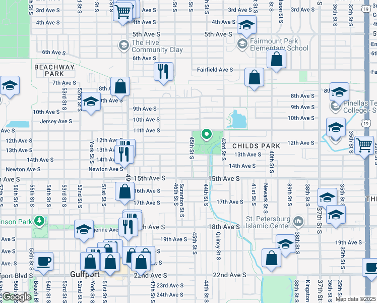 map of restaurants, bars, coffee shops, grocery stores, and more near 4527 13th Avenue South in St. Petersburg