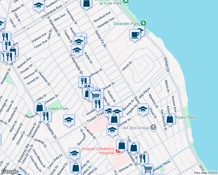 map of restaurants, bars, coffee shops, grocery stores, and more near 3209 Lawnview Street in Corpus Christi