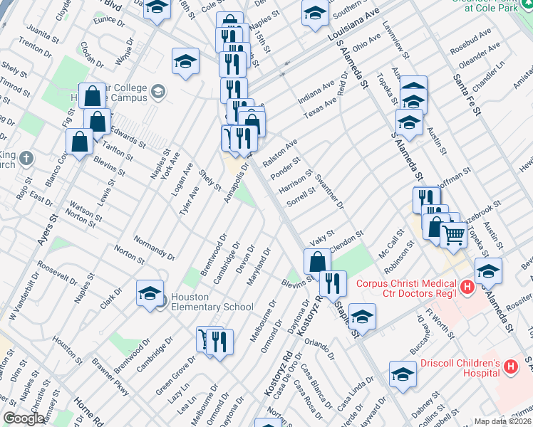 map of restaurants, bars, coffee shops, grocery stores, and more near 1202 Devon Drive in Corpus Christi