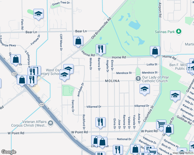 map of restaurants, bars, coffee shops, grocery stores, and more near 4238 Molina Drive in Corpus Christi