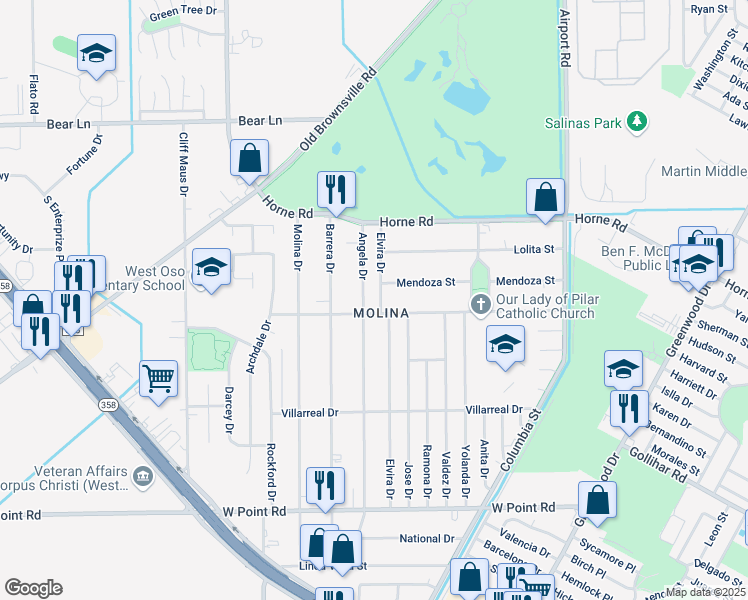map of restaurants, bars, coffee shops, grocery stores, and more near 4251 Elvira Drive in Corpus Christi
