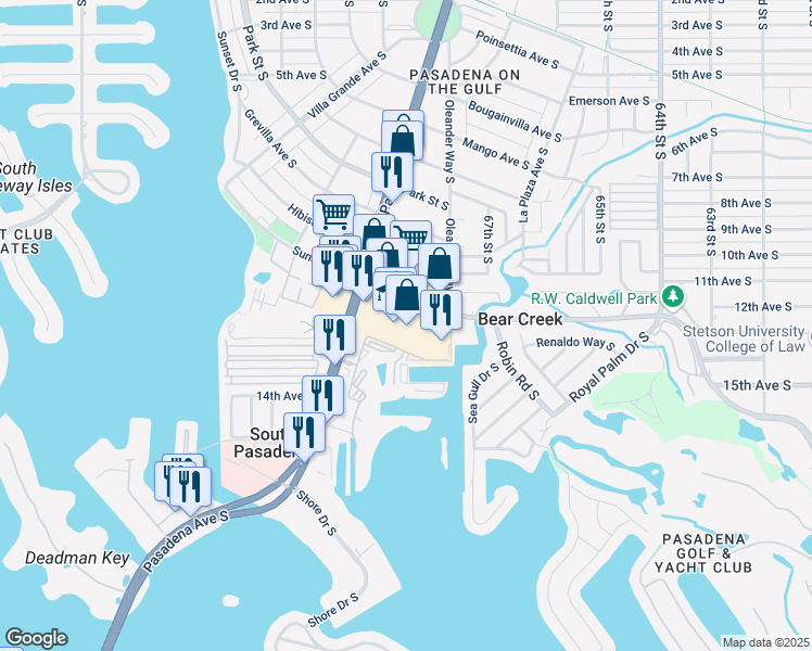 map of restaurants, bars, coffee shops, grocery stores, and more near 6818 Gulfport Boulevard South in South Pasadena