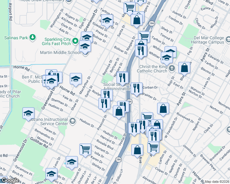 map of restaurants, bars, coffee shops, grocery stores, and more near 1933 Andrews Drive in Corpus Christi