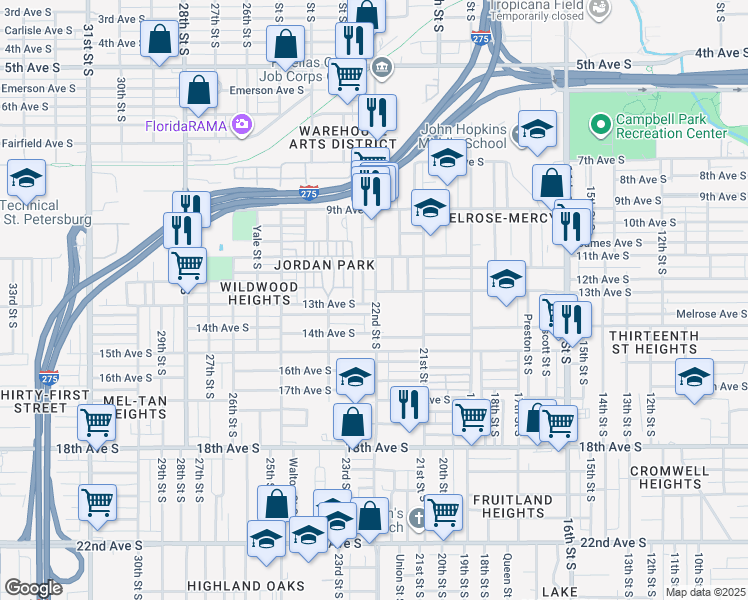 map of restaurants, bars, coffee shops, grocery stores, and more near 1300 22nd Street South in Saint Petersburg