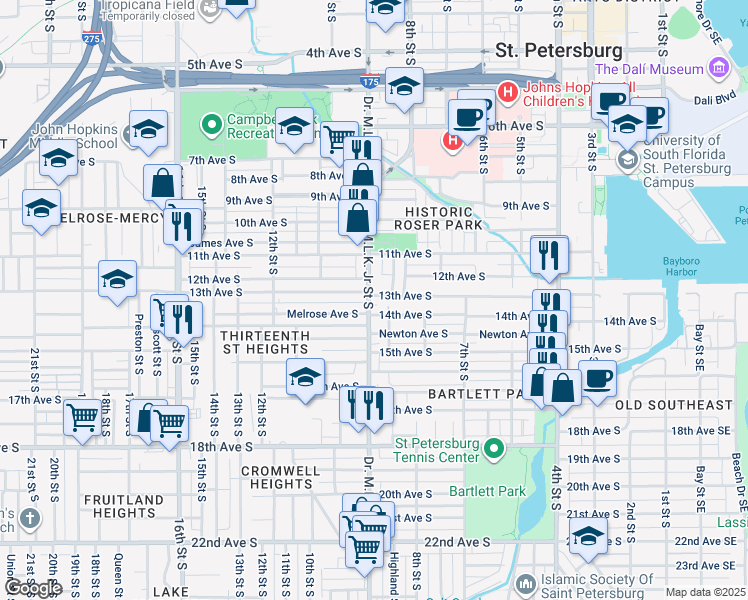 map of restaurants, bars, coffee shops, grocery stores, and more near 921 Melrose Avenue South in St. Petersburg
