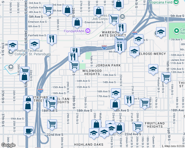 map of restaurants, bars, coffee shops, grocery stores, and more near 2549 13th Avenue South in St. Petersburg