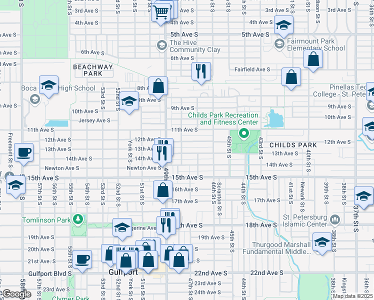 map of restaurants, bars, coffee shops, grocery stores, and more near 4723 13th Avenue South in St. Petersburg