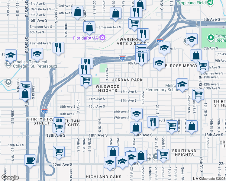 map of restaurants, bars, coffee shops, grocery stores, and more near 2501 13th Avenue South in St. Petersburg