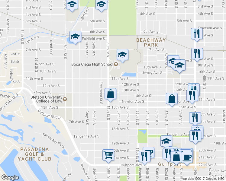 map of restaurants, bars, coffee shops, grocery stores, and more near 5717 13th Avenue South in Gulfport