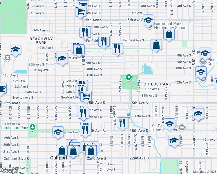 map of restaurants, bars, coffee shops, grocery stores, and more near 4643 13th Avenue South in St. Petersburg