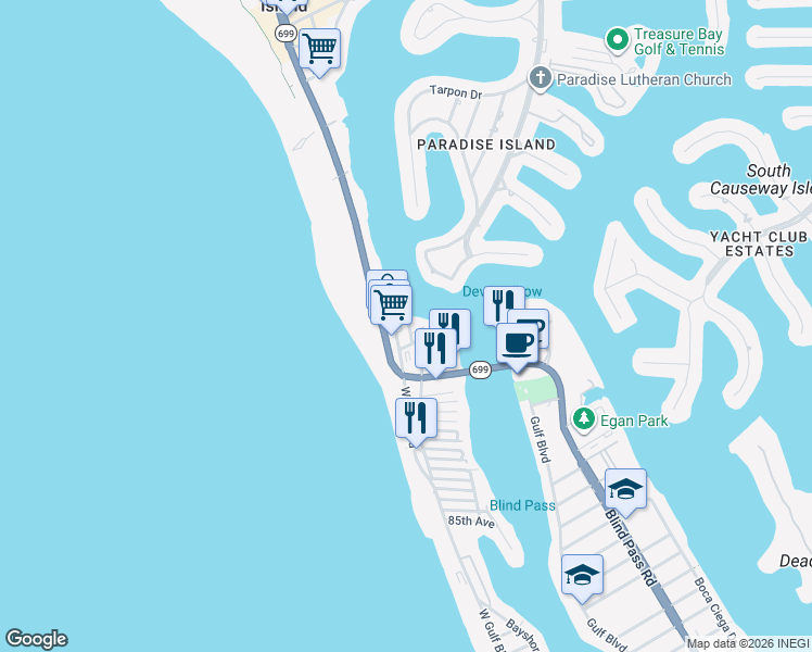 map of restaurants, bars, coffee shops, grocery stores, and more near 115 99th Avenue in Treasure Island